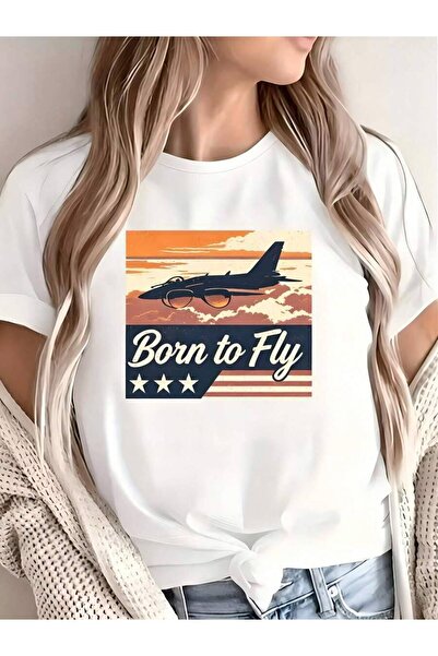 21JNRY Vintage Retro Style Women's T-Shirt Born To Fly Airplane Graphic Summe...