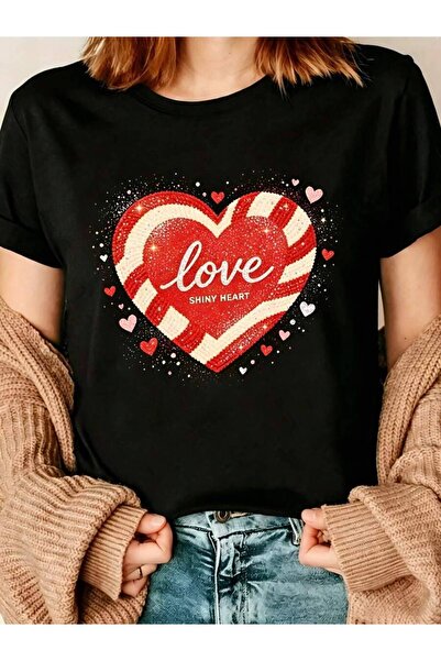 9JY Casual Graphic Women's T-Shirt Love Shiny Heart Design Valentine's Day Gi...