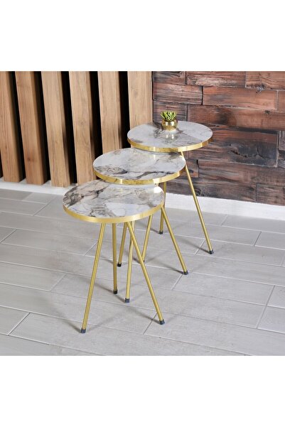 Generic Măsuțe Auxiliare Rotunde 3 Piese, Design Modern Marmură cu Bază Metal...