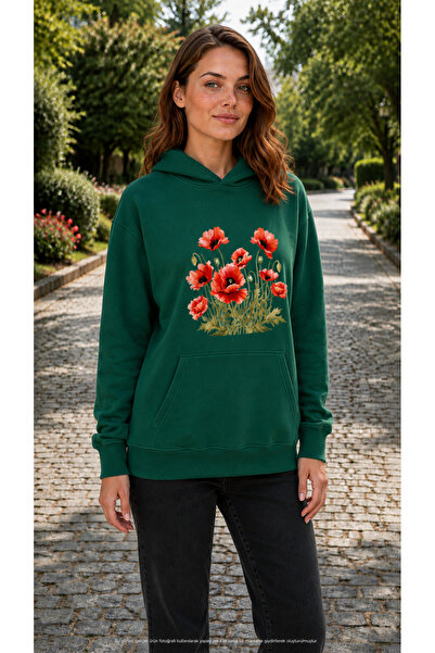 EMMODA Women's Poppy Flower Printed Hooded Casual Sweatshirt with Kangaroo Po...
