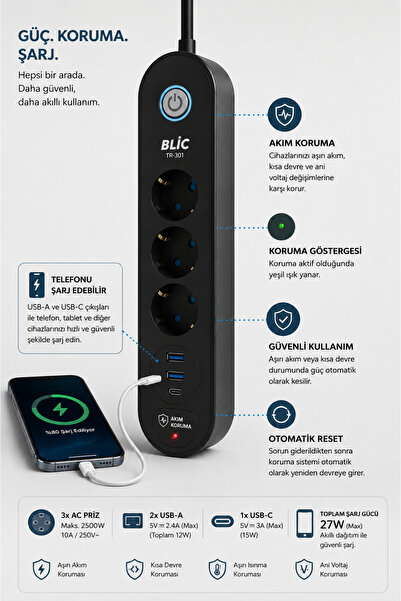 zülfemse Akım korumalı piriz 3'lü Akım Korumalı Priz - 2x USB-A + 1x Type-C P...