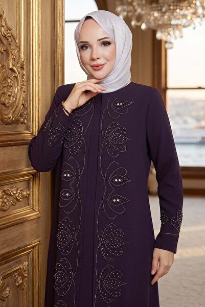 hafsamina Boncuk Taşlı Büyük Beden Anne Elbisesi Mürdüm HM2952