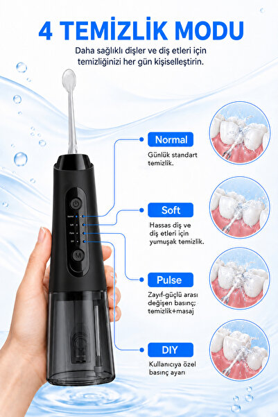 mimtec Şarjlı Ağız Duşu - 320ml Su Hazneli 5 Başlık 4 Çalışma Modlu Su Geçirmez Ağız Diş Dil Temizleyici Siyah