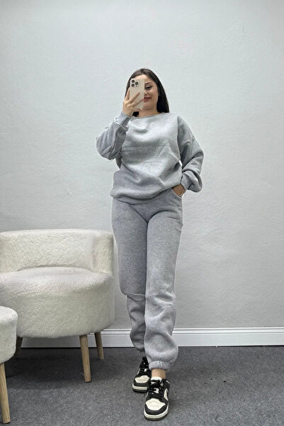 BELENDİR Women's 3 Thread Crew Neck Sweatpants Set Gray