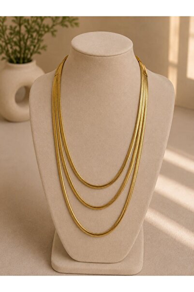 MARE BUTİK Gold Three Row Herringbone Chain Necklace