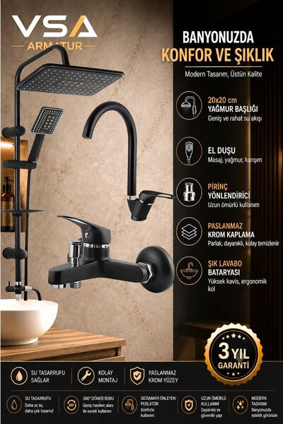 VSA Mat Yeni Siyah 3’lü Banyo Seti Duş Seti Lavabo ve Banyo Bataryası Sıcak S...
