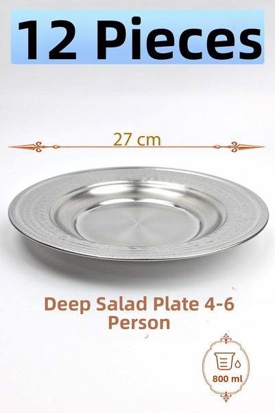 Binbir Trend 27 cm Chrome Steel Deep Salad Plate, 800 ml Stainless Serving Pl...