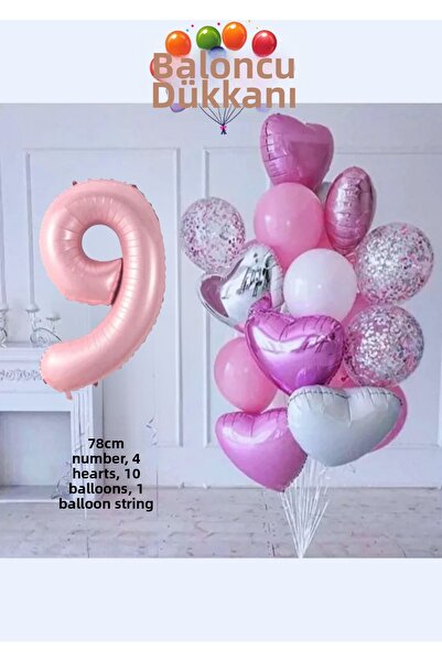 Işıltı Balon Dükkanı 9-Year-Old Pink Birthday Balloon Set – Heart-Shaped Pink...