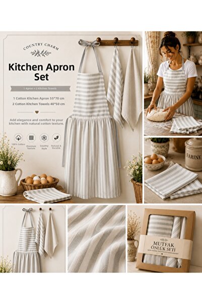 Sister Home Design Linen Kitchen Apron Set Light Green Striped |   55X70 cm A...