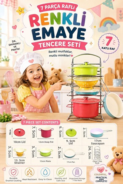 SAZE Colorful Enamel Cookware Set 7-Piece Toy Kitchen Set with Rack Children'...