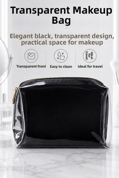 macsoo Black Leather Gold Zipper Makeup Bag with Transparent Front Panel Trav...