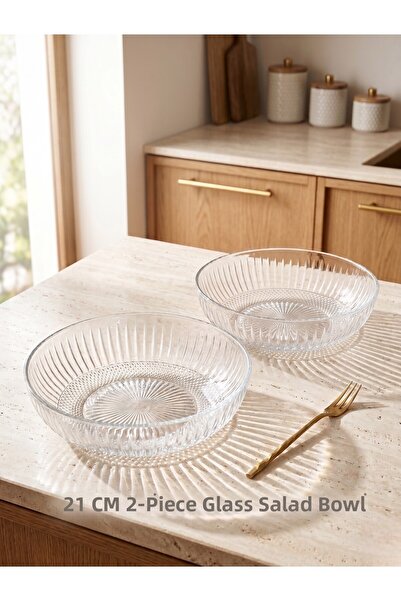 FARALYAHOME Set of 2 Glass Salad and Presentation Bowls 21 cm - Fluted Decora...