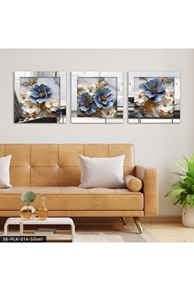 Evinemoda Blue White Flowers Gold Leaf Detailed 3 Piece Silver Plexiglass Mir...