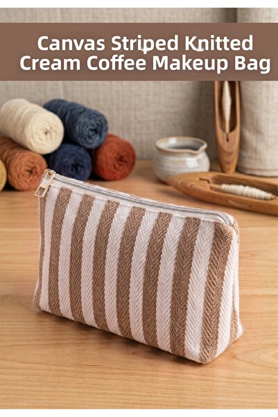 Nice Concept Canvas Striped Knitted Makeup Bag