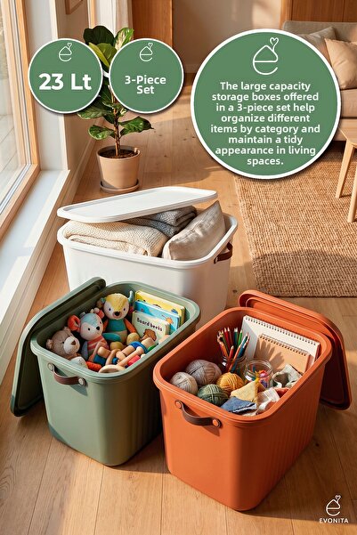 EVONİTA Decorative Storage Box 3-Piece Organizer with Lid Bathroom Kitchen Or...