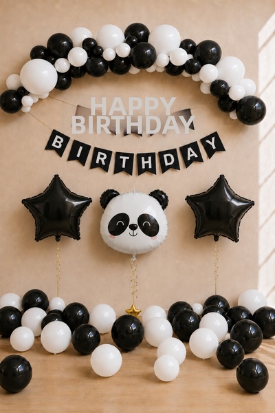 Baloncu Nene Panda Themed Birthday Balloon Set Black and White Happy Birthday...