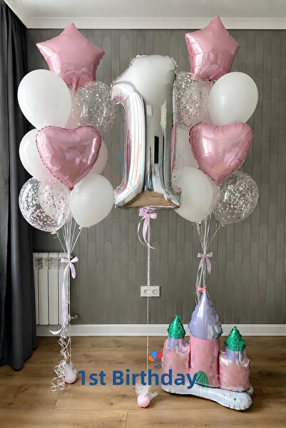 Organizasyon Pazarı Silver Number 7 Age Balloon Set White Balloon Pink Heart ...