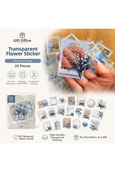 hediyeofisi Transparent Blue Flower Sticker Set 20 Pieces Pet Transparent Dec...