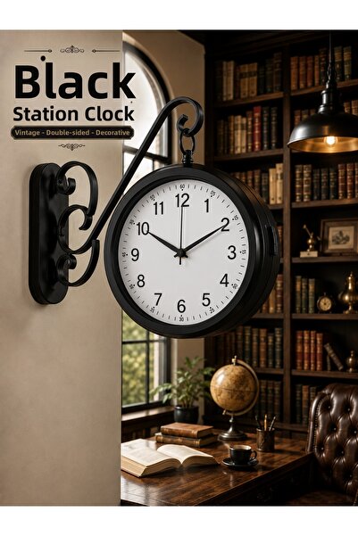 KOLAYEV Black Double Sided Station Clock 36X25 cm Metal Wall Clock Office Liv...