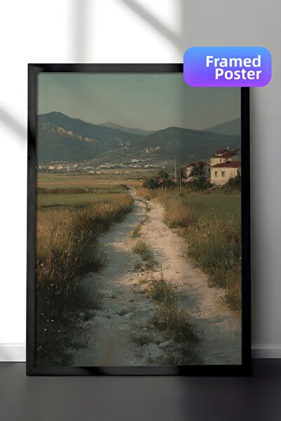 Zestia Pictură murală vintage, peisaj rural pe drumul rural, înrămată în negr...