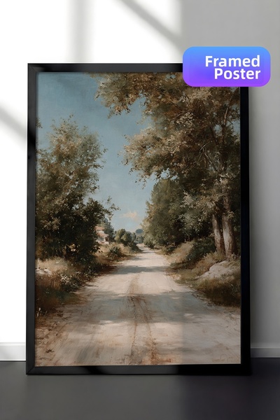 Zestia Pictură murală vintage, Drum rural cu copaci, înrămată în negru Nr.: 2...