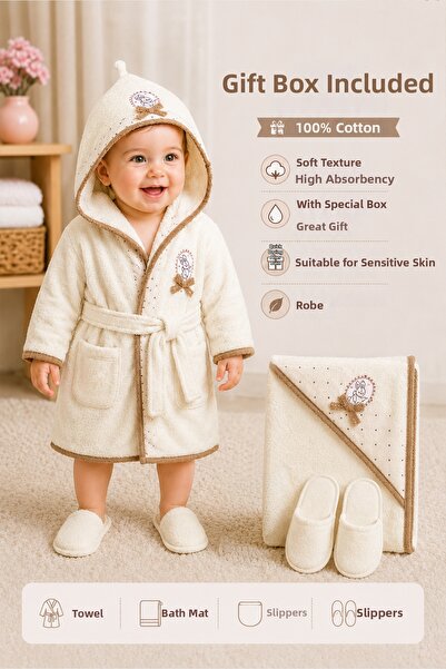 Sitilin Girl Boy Baby Cream Luxury Premium Lace Bathrobe Towel Set 100% Cotto...