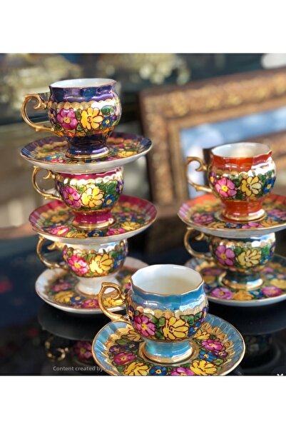 BY.RAYKA PORSELEN El Dekor Pervile Porcelain Hand-Painted 6-Piece Cup Set