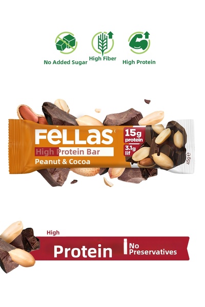 Fellas بار بروتين عالي بالفول السوداني والكاكاو 45 جرام × 12 قطعةً