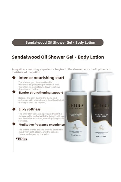 VEDRA SKINCARE & AROMATHERAPY Sandalwood Oil Calming Ritual Intensive Moisturizing & Softening Shower Gel & Body Lotion Dual Care Set 2X250 ml