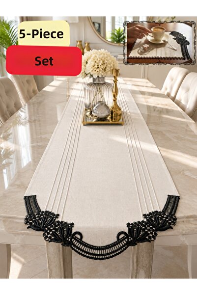 Lurji Set de 5 piese brodate negre pentru masă și prezentare - Set de fețe de...