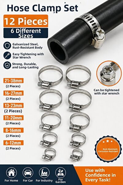 Binbirreyon Set de cleme pentru furtunuri 12 bucăți 6-38mm 6 dimensiuni AE118