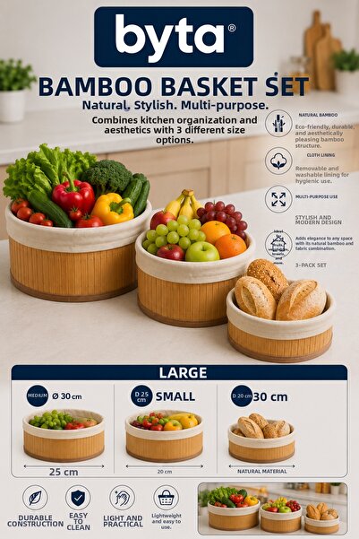BYTA Bamboo Basket Set, Suitable for Multi-Purpose Use, Food-Contact Safe, Cl...