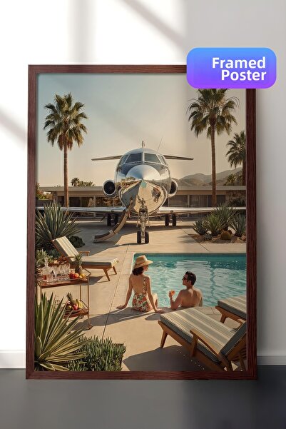 Postifull Poster cu avion și lângă piscină, poster înrămat maro, seria Old Mo...