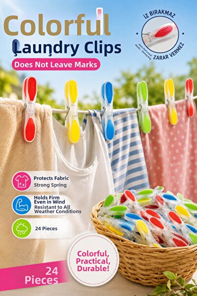 Anadolu Saray 24 Pieces of Non-Marking Colored Clothes Pegs Strong Spring-Loa...