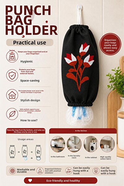 SEVMİŞ HOME Bag Holder Punch Embroidered Kitchen Bag Organizer with Linen Han...