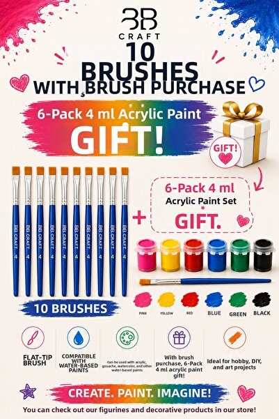BB Craft 10-Piece Flat Tip Hobby Painting Brushes – for Acrylic, Gouache, Wat...