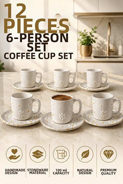 L'eDoren 6-Person Ceramic Coffee Cup Set with Round Presentation Plate Porcel...