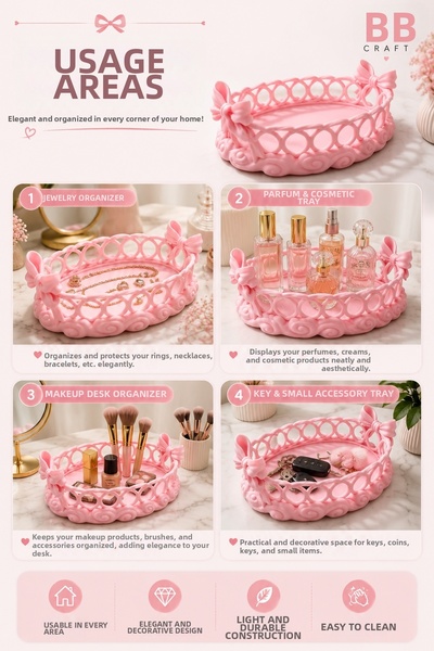 BB Craft Decorative Bow Detail Jewelry and Perfume Organizer Tray |   22X14X8 cm |   Multi-Purpose Organizer