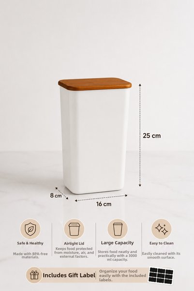 Zivora Home 3-Piece 3 Lt Labeled Detergent Storage Container with Wooden Lid – Multi-Purpose Bathroom Kitchen Organizer Box White