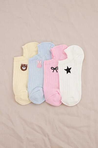 Trendyol Collection Pink-Blue-Yellow 4-Pair Printed Embroidered Jacquard Knit...