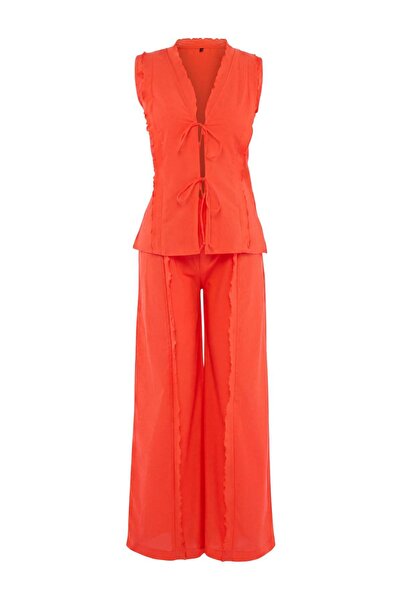 Trendyol Collection طقم بنطلون وبلوزة شاطئية من القطن بنسبة 100% مزينة بكشكشة...