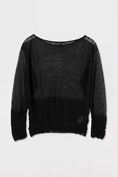 Trendyol Collection Pulover negru din tricot transparent cu guler bărcuță TWO...