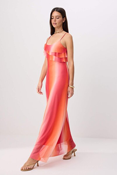 Trendyol Collection Orange Printed A-Line/ Bell-Shape Thin Strap Flounces/Ruf...