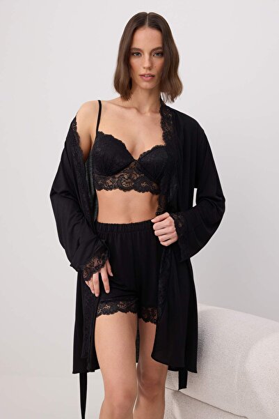 Trendyol Collection Black 4-Piece Lace Detailed Dressing Gown + Nightgown + B...