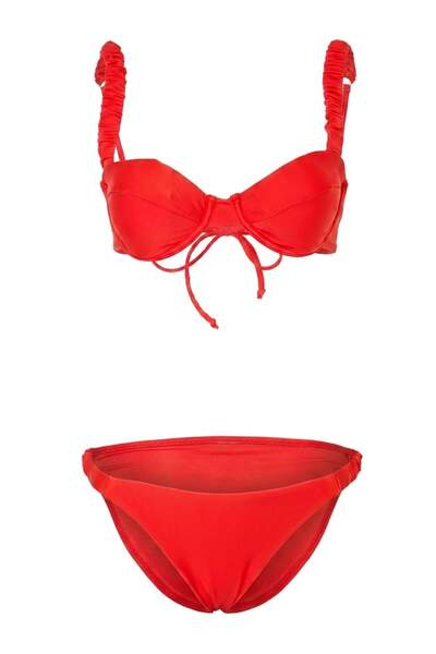 Trendyol Collection Red Balconette Covered Gathered Detailed Regular Waist Re...