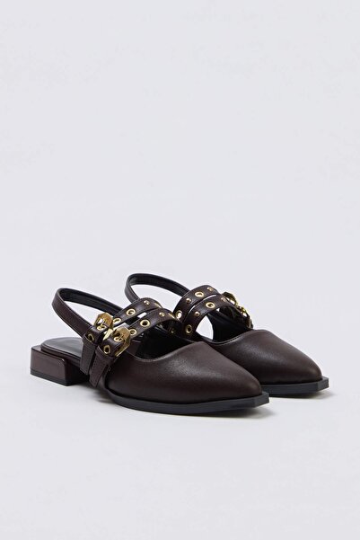 TRENDYOL SHOES Εφηβικές καφέ δερμάτινες γυναικείες μπαλαρίνες με λεπτομέρεια ...