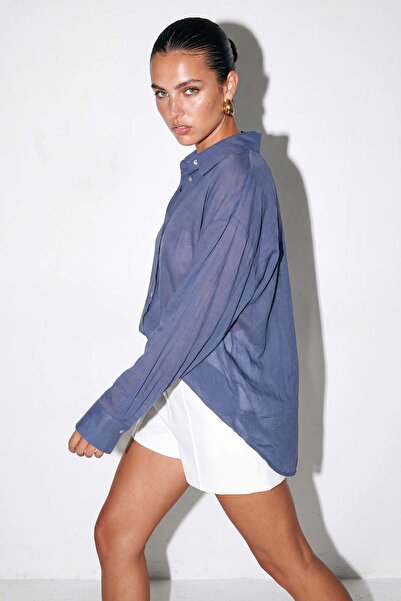 Drop by TrendyolMilla Indigo V-Neck Fine Textured Oversize Summer Shirt Tdrss...