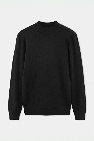 Trendyol Collection Pulover negru, subțire, din bumbac, cu guler pe gât, tric...