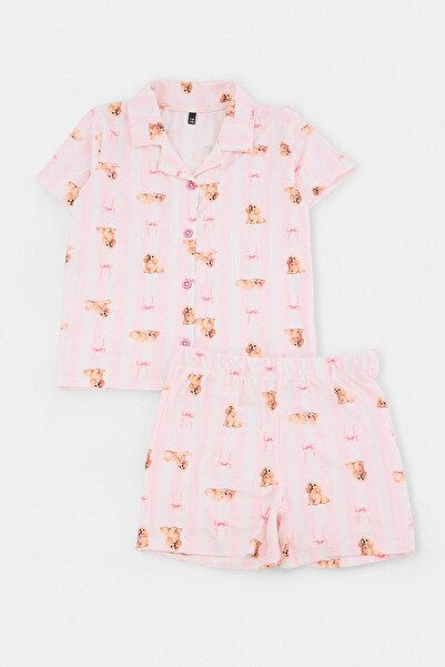 TRENDYOLKIDS Pink Girls' Teddy Bear Patterned Pajama Set