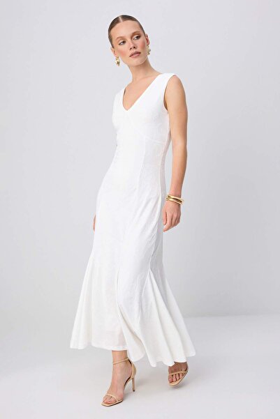 Trendyol Collection Ecru Plain A-Line V-Neck Thick Strap Sleeveless Maxi Jacq...